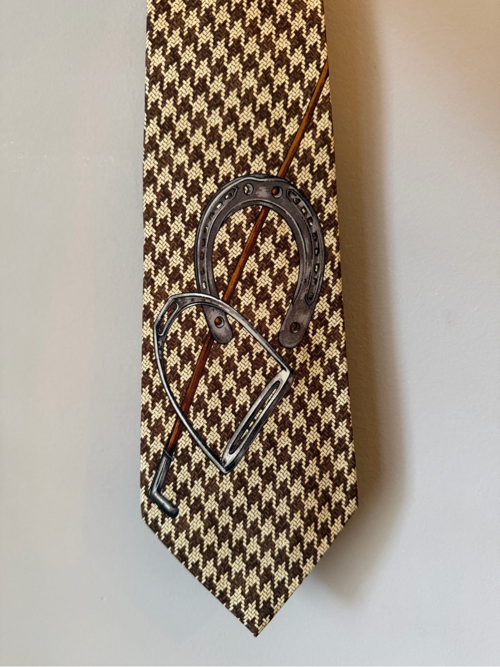 Polo by Ralph Lauren Brown and Cream Houndstooth Tie with Equestrian Accents